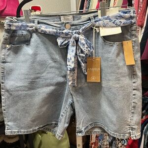 Angels Light Wash Denim Shorts with Blue Floral Tie Belt